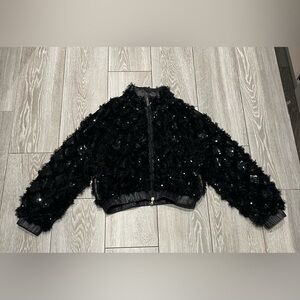Patrizia Pepe Cropped Sequin Bomber Jacket Black Size M/IT 42